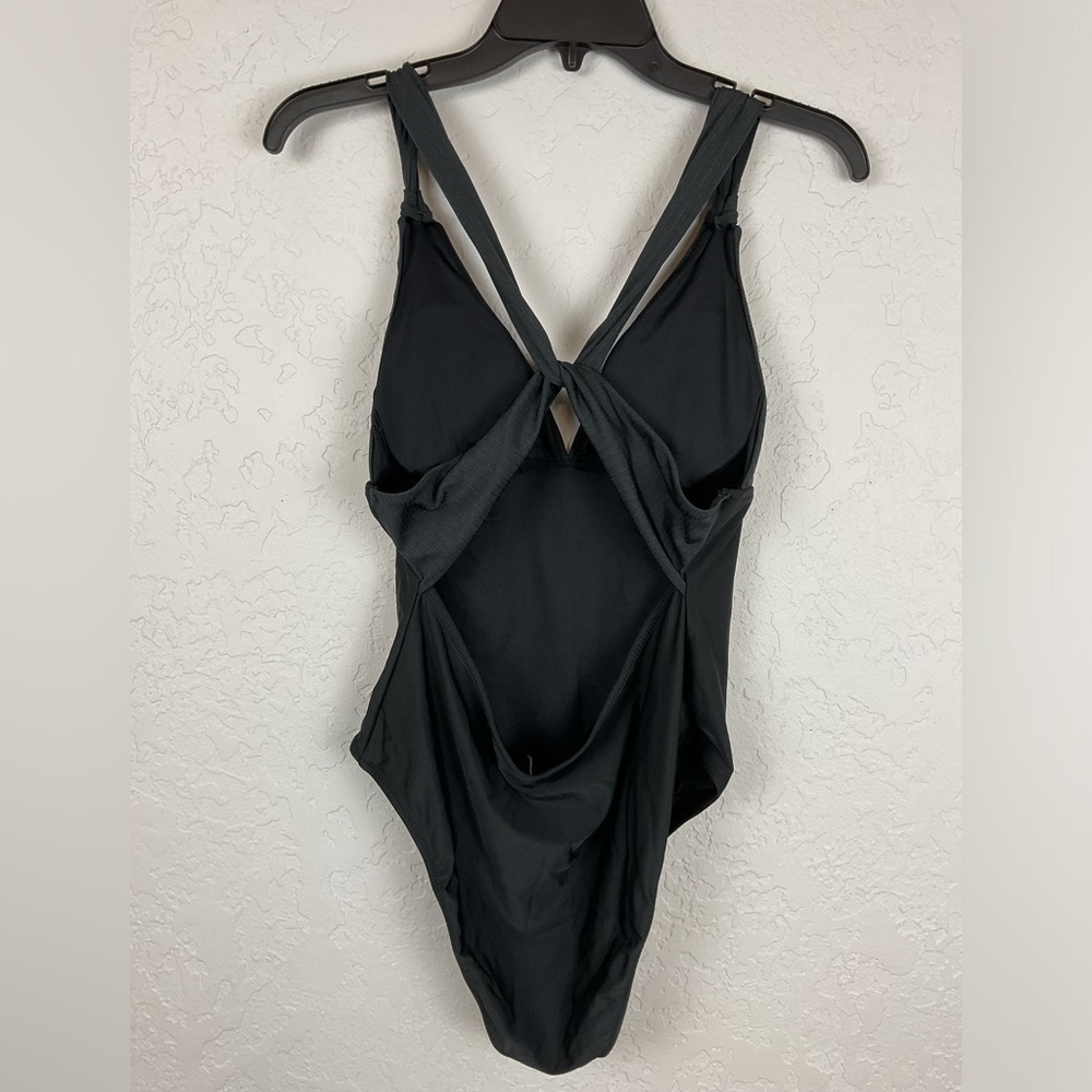 Women’s Black V Neck Criss Cross Backless Rib One Piece Swimsuit Plunge Size XL - Picture 8 of 11